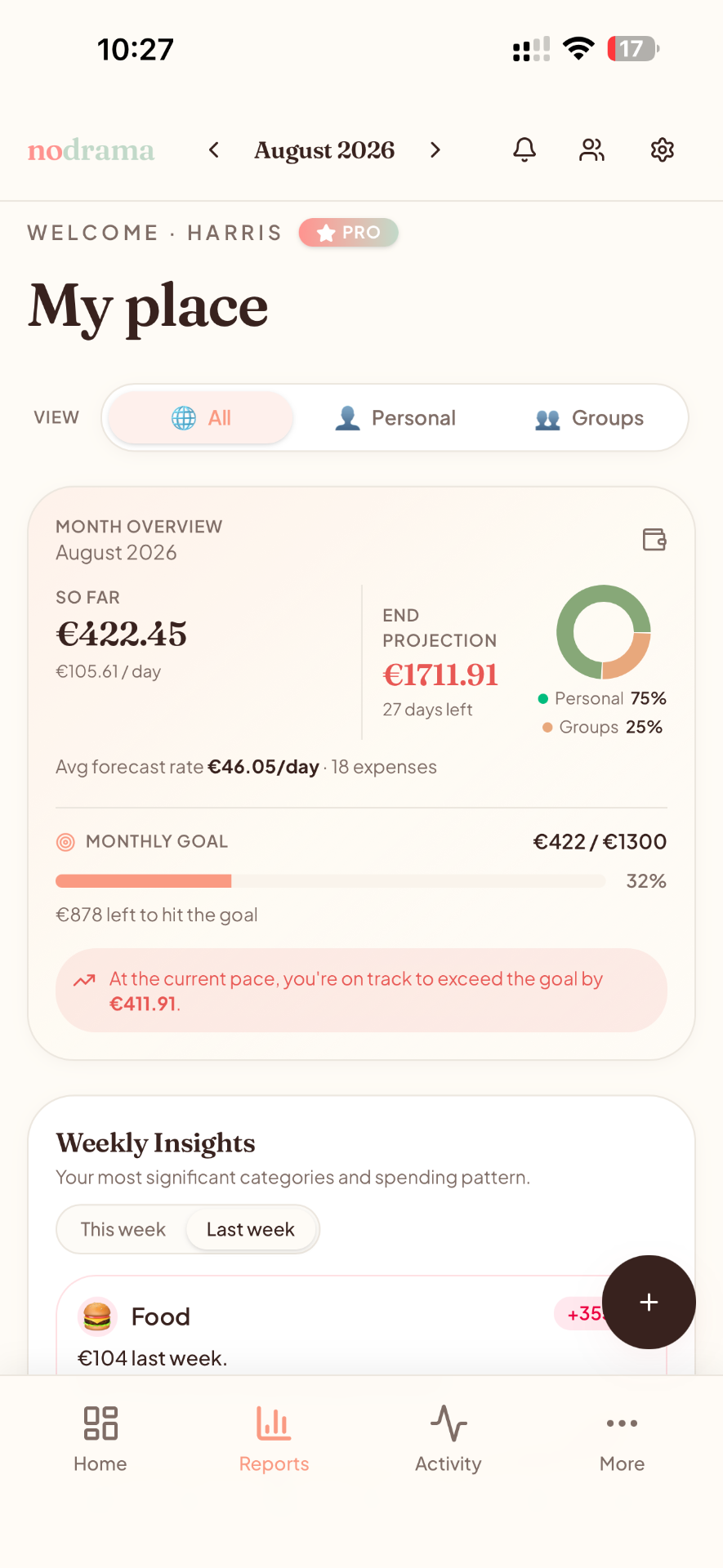 Monthly expense forecast and budget in no drama